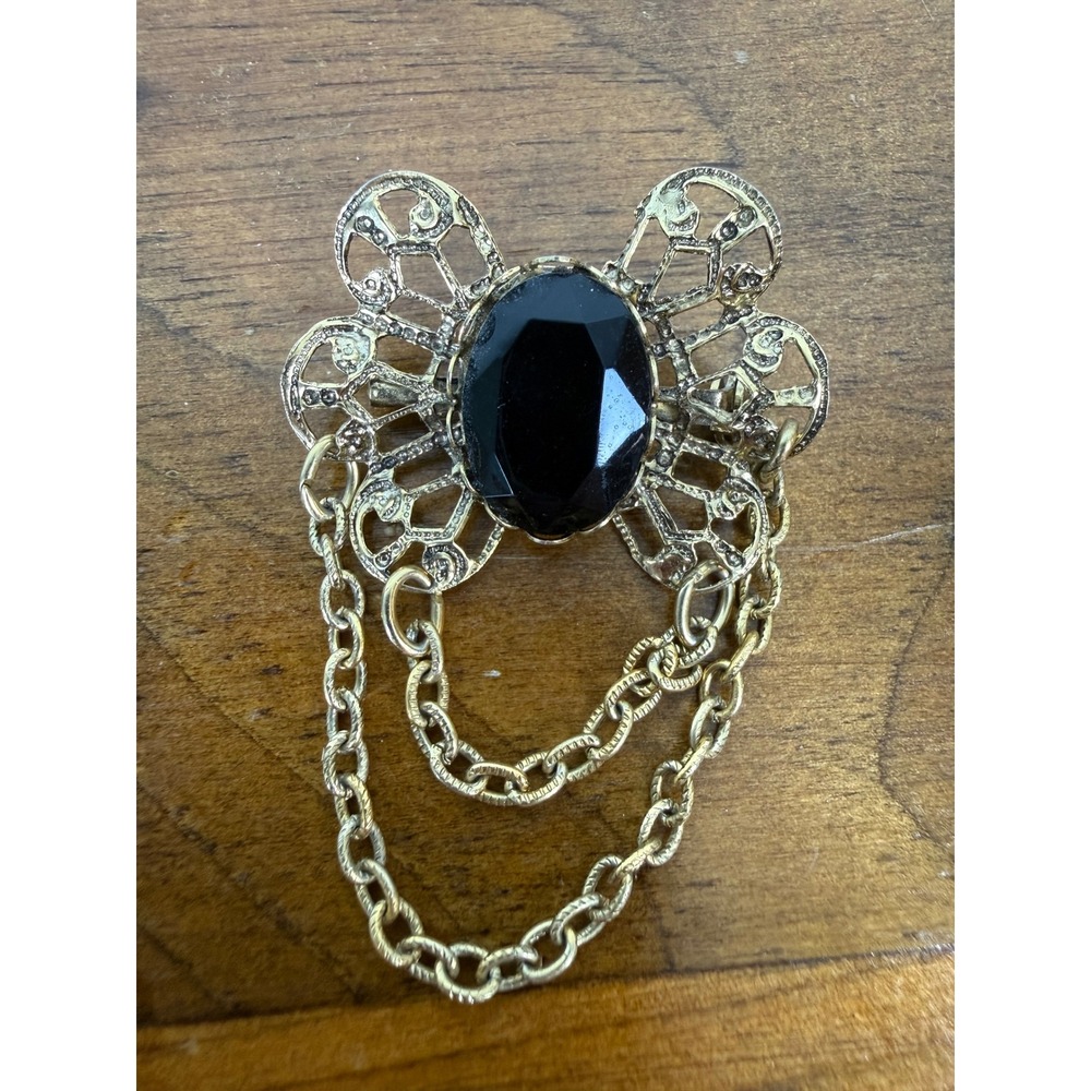 Vintage Gold Tone Filigree Butterfly Brooch Black Faux Onyx Double Chain Pin